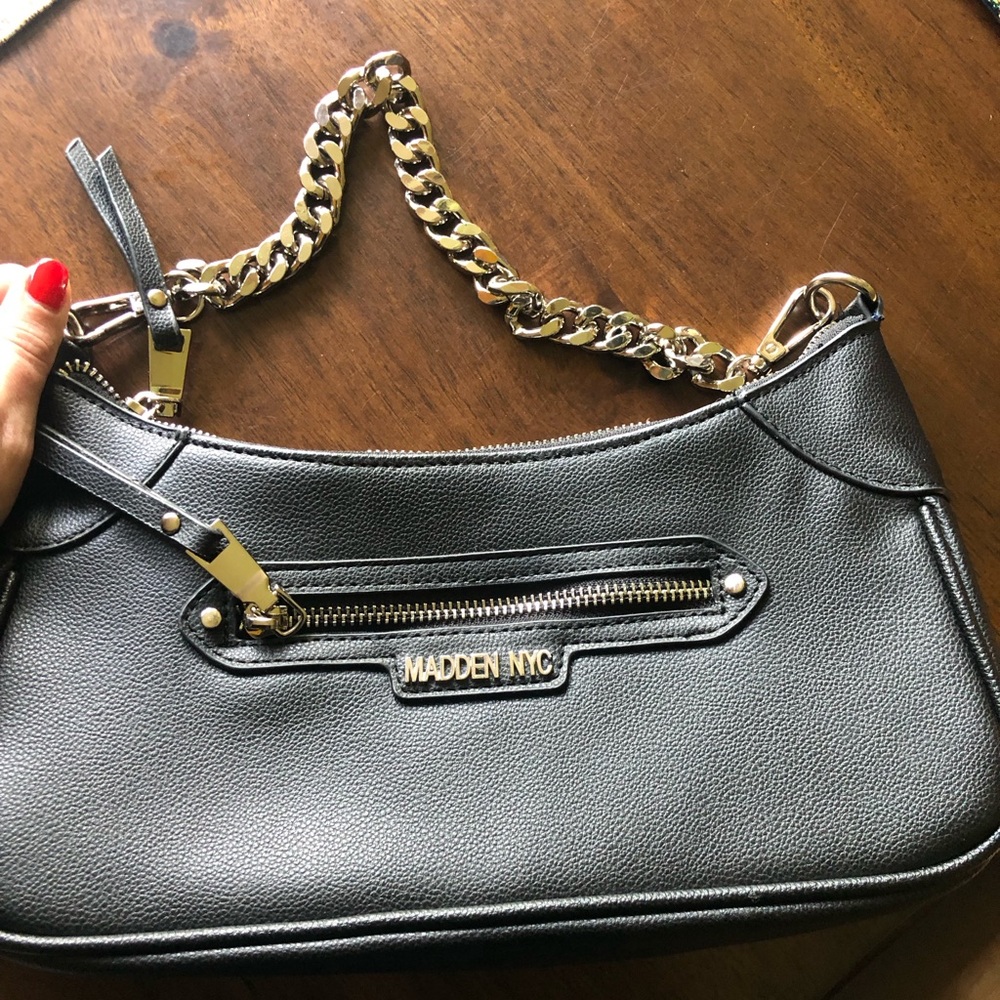 Steve Madden Black Shoulder Bag with Gold Chain Accent